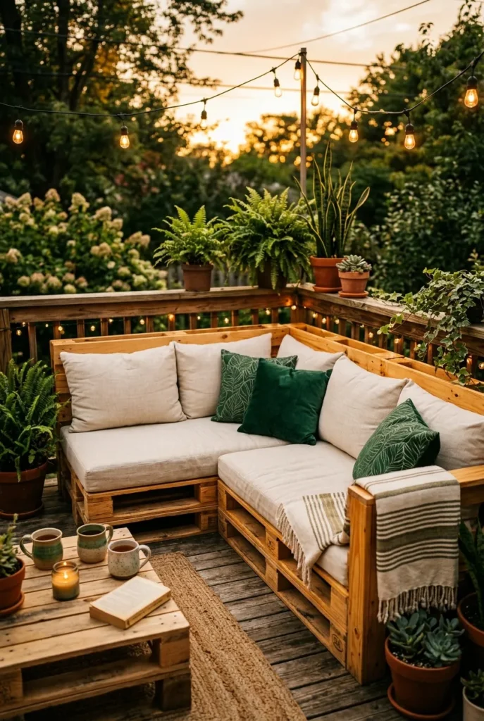 pallet outdoor furniture L-shaped sofa with cushions and string lights at dusk