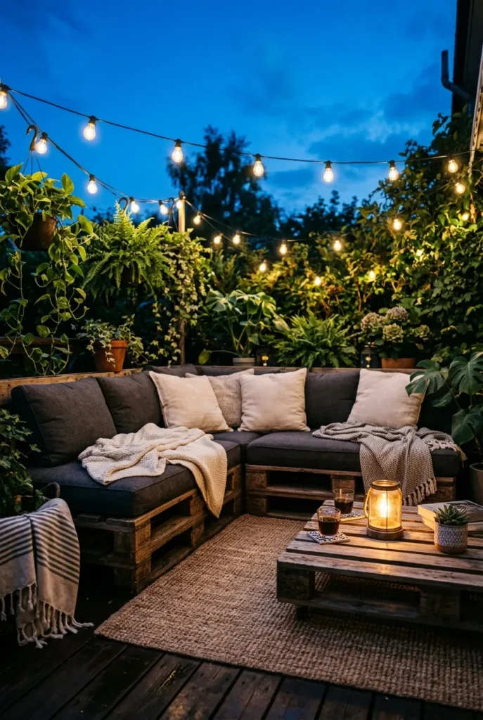 styled pallet outdoor furniture nook with cushions and warm string lights at dusk
