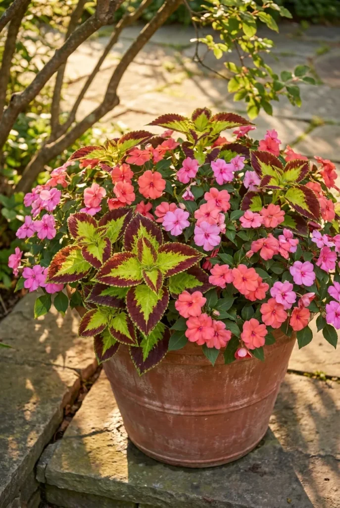 Part shade container garden with impatiens and coleus in soft light