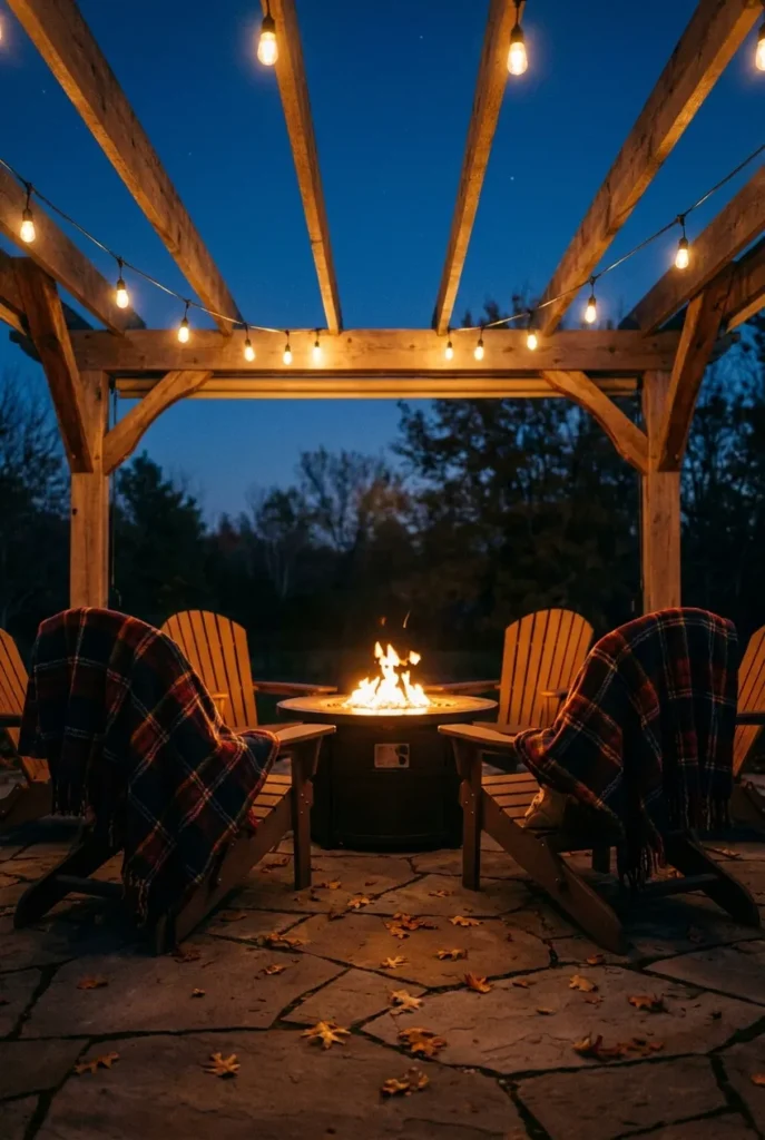 pergola with fire pit used in fall with cozy throws and evening string lights