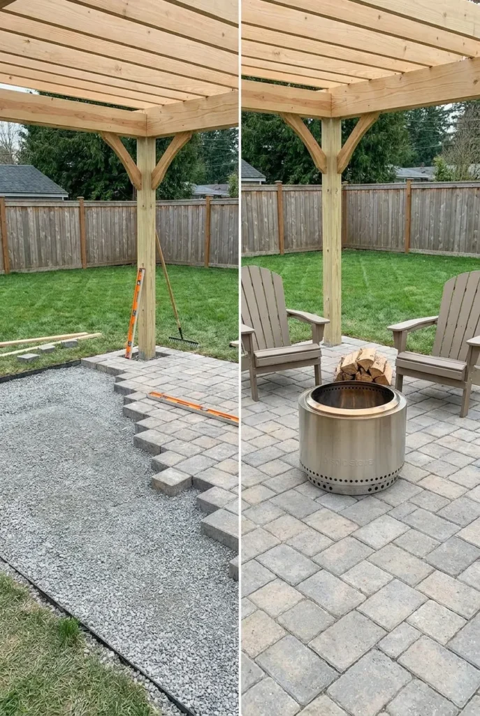pergola with fire pit budget build showing gravel base and portable fire pit