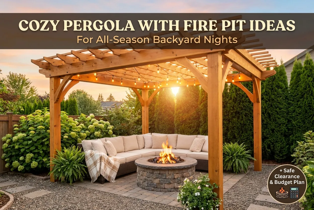 cozy pergola with fire pit and string lights glowing at golden hour