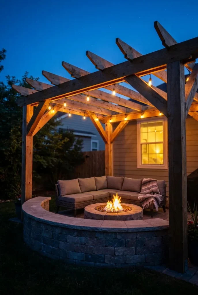 finished DIY pergola with fire pit glowing at dusk with cozy seating
