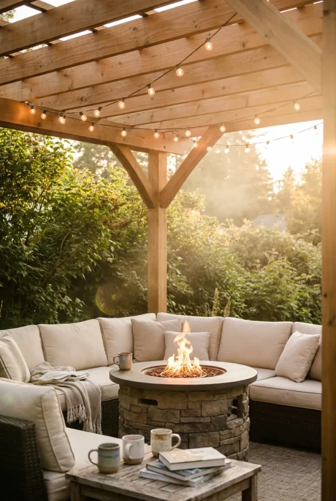 pergola with fire pit glowing at golden hour under warm string lights