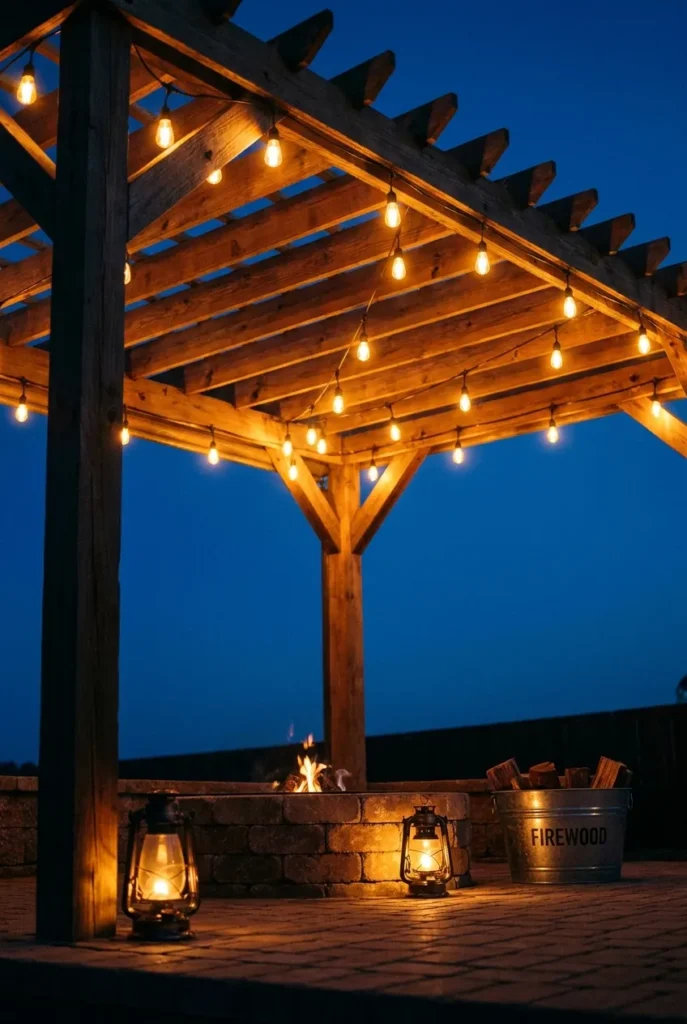string lights over pergola with fire pit and lanterns at dusk