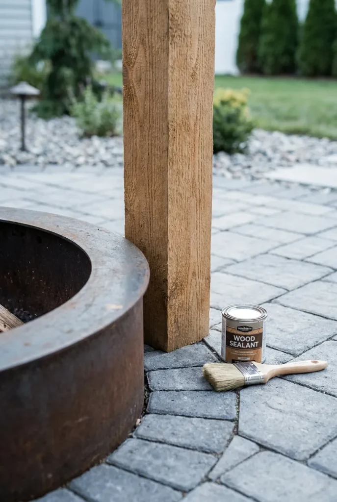 cedar pergola post and stone paver base near a steel fire pit surround