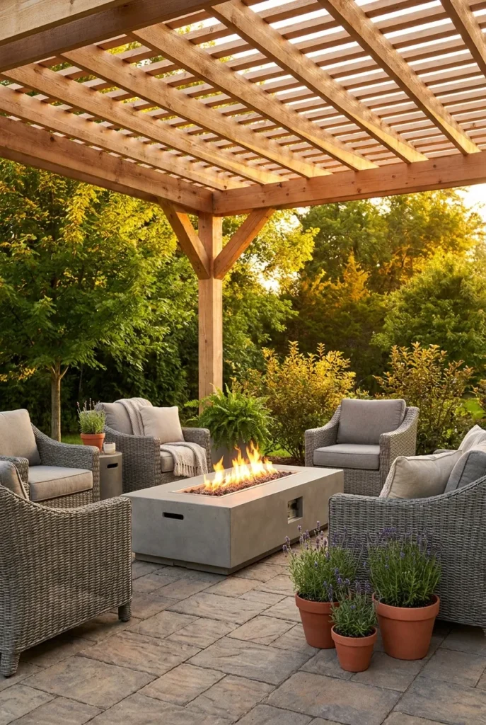 open-slat pergola with fire pit and gas fire table on a paver patio