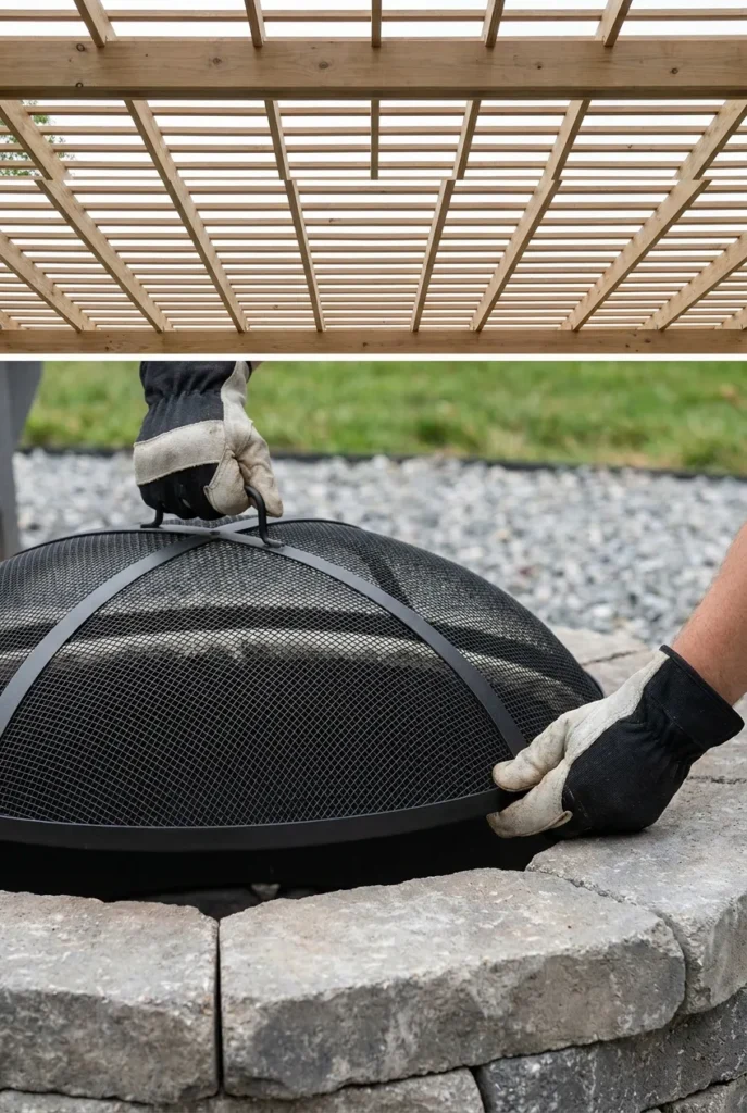 spark screen placed on stone fire pit under pergola for fire safety