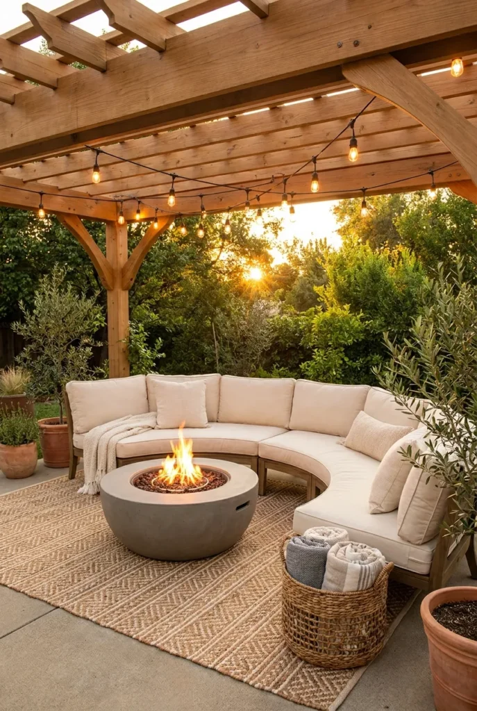 pergola with fire pit seating layout with curved sectional and outdoor rug