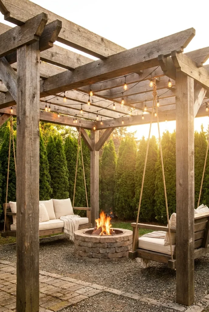 rustic pergola with fire pit and hanging swings under warm string lights