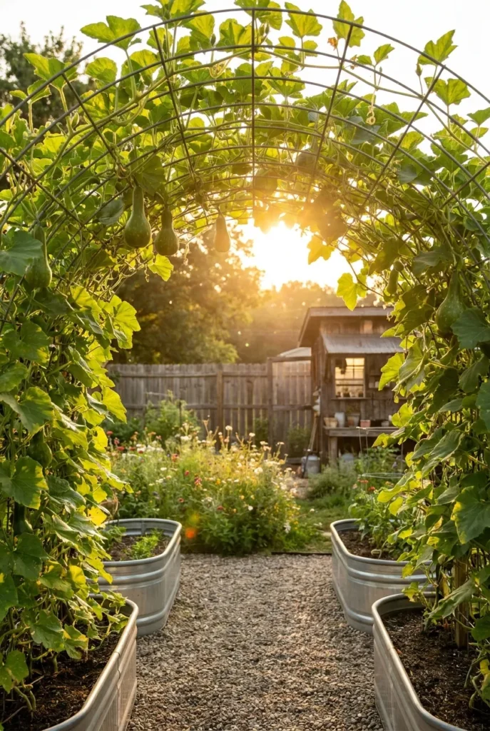 Cattle panel arch trellis over two raised garden beds with climbing squash