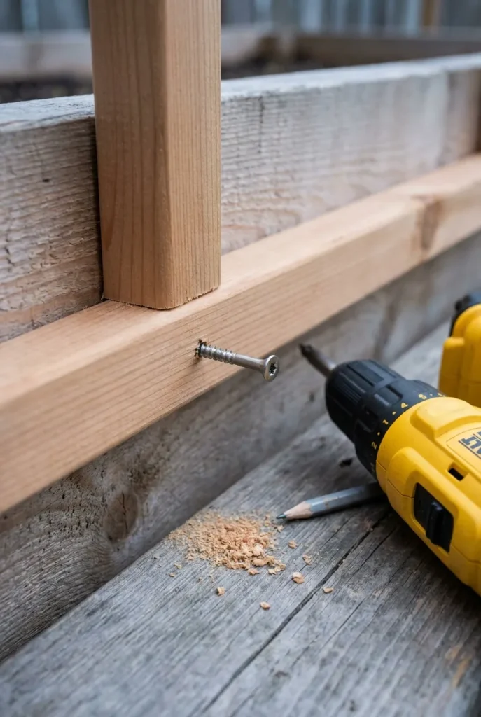 Attaching a wooden trellis frame to a raised garden bed with deck screws