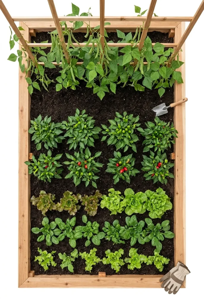 Raised garden bed layout showing trellis placed on the back edge for sun