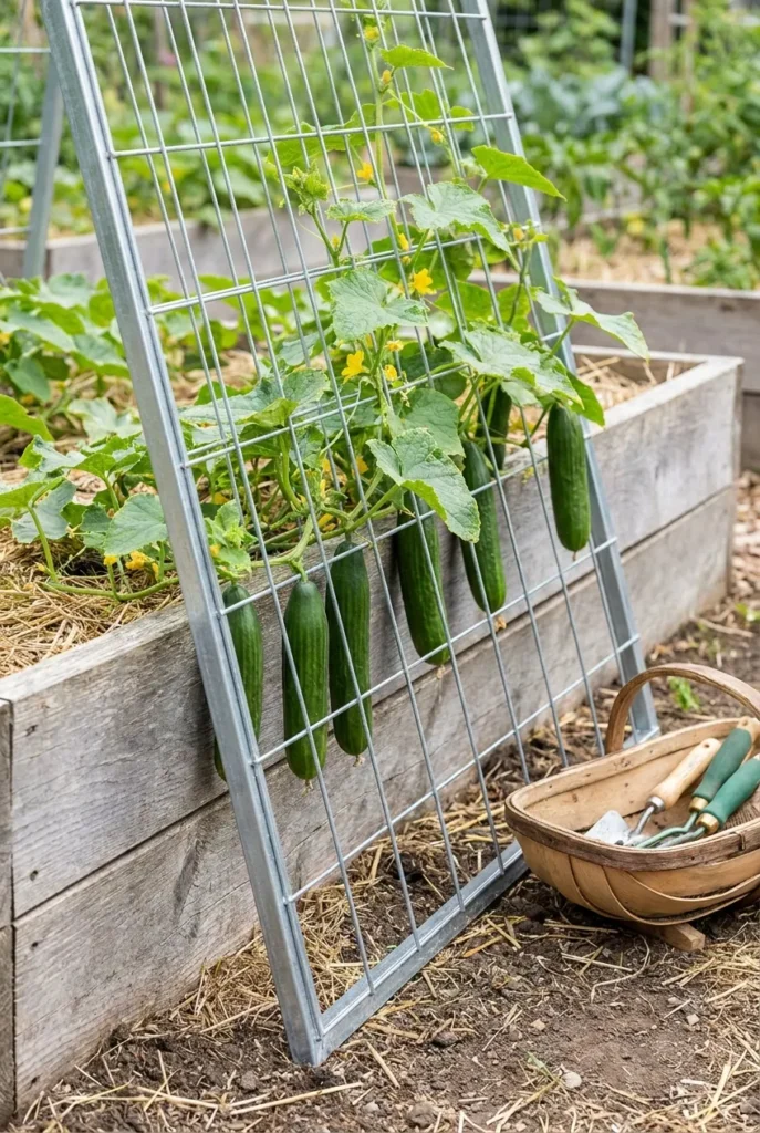 DIY cucumber trellis using a slanted cattle panel on a raised garden bed