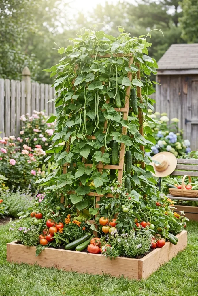 Raised garden bed trellis covered in climbing beans and cucumbers in summer