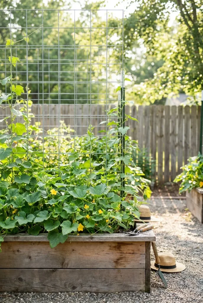 Raised garden bed trellis ideas with a cedar bed and tall wire grid trellis