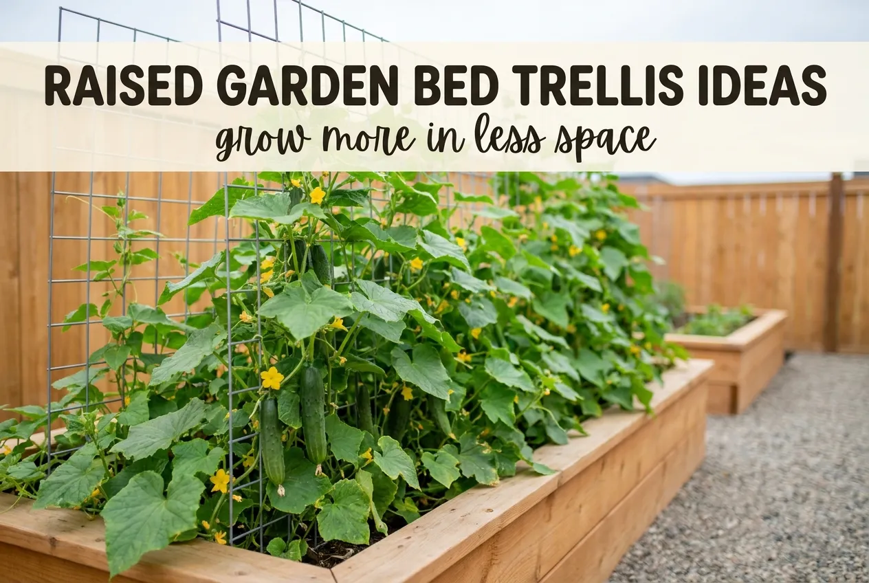 Raised garden bed trellis ideas pin with cedar bed and tall vine-covered trellis