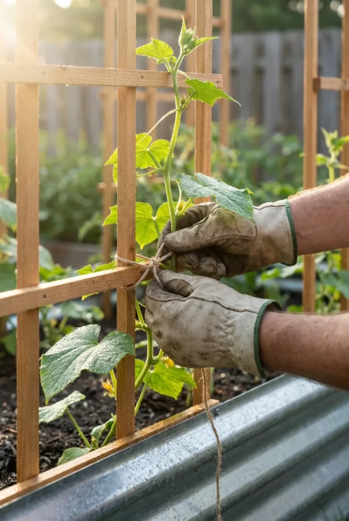 Tying a cucumber vine to a wooden raised garden bed trellis with twine