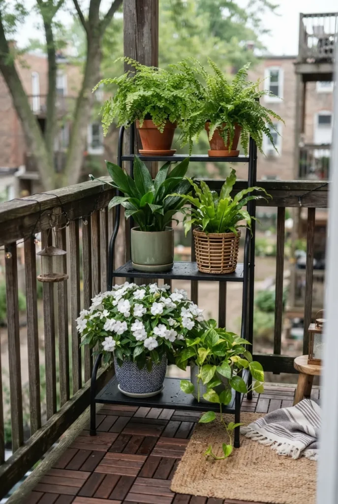 Shade container garden on a north-facing balcony with tiered pots