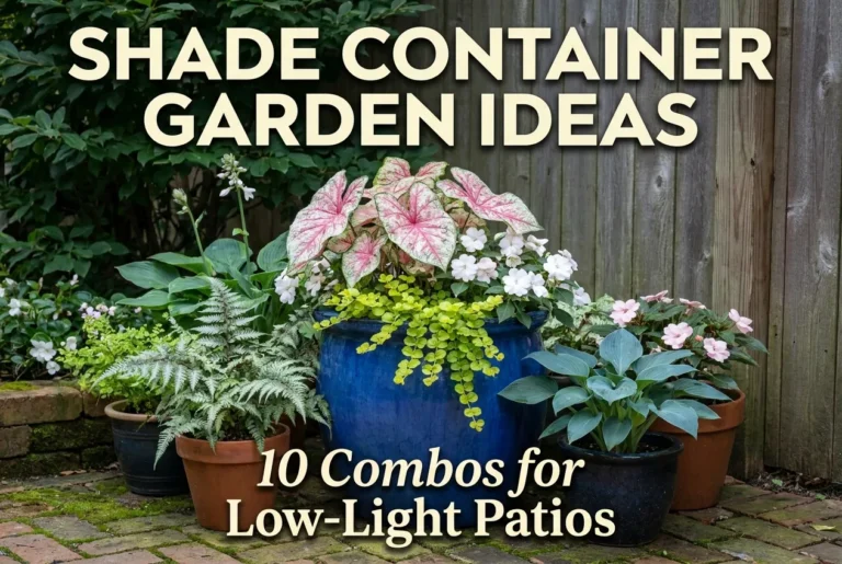 Shade container garden ideas cover with caladium, ferns and impatiens on a patio