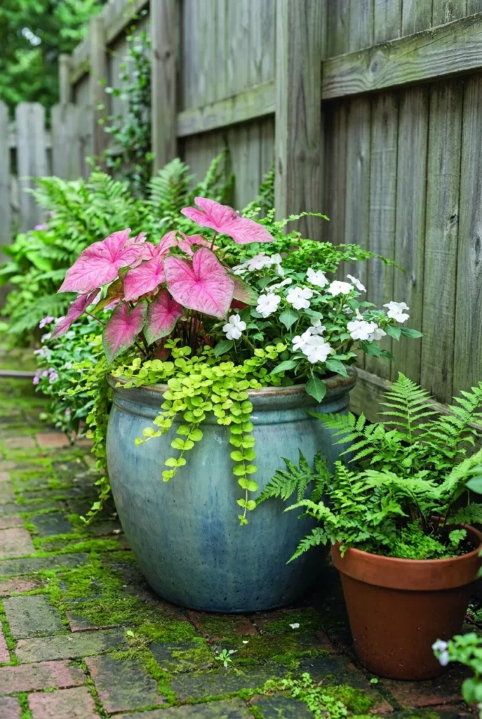 Shade container garden with caladium, ferns and impatiens on a low-light patio
