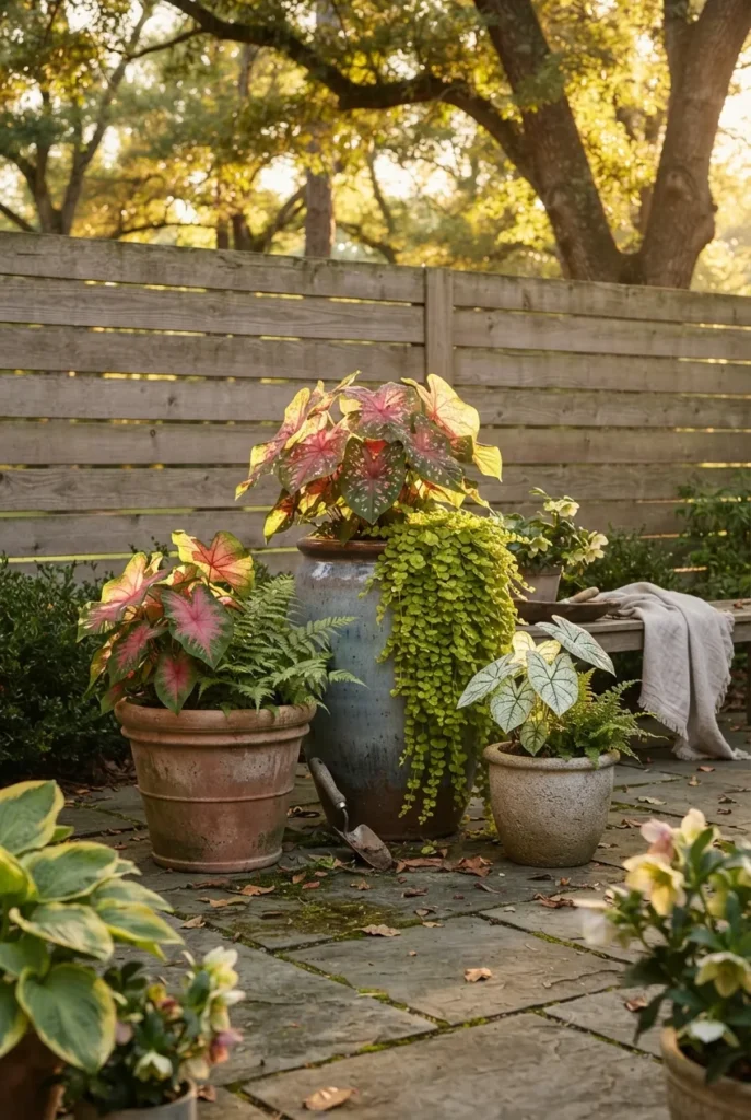 Styled shade container garden grouping on a patio at golden hour