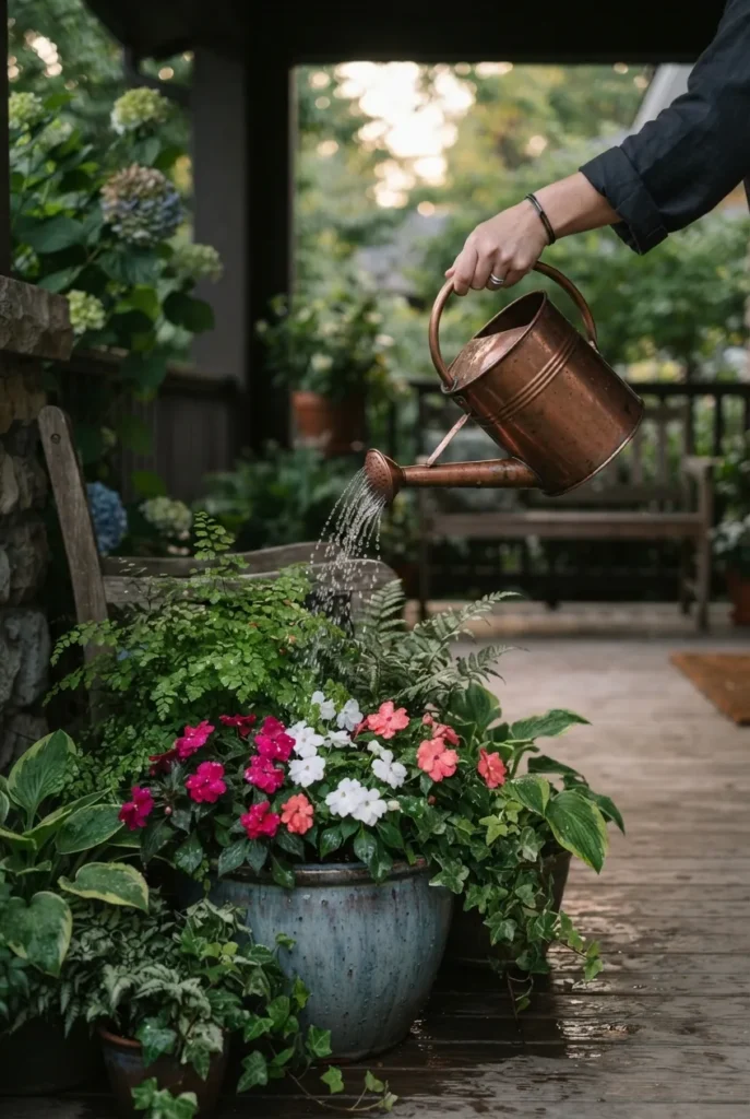 Watering a shade container garden of impatiens and ferns on a porch