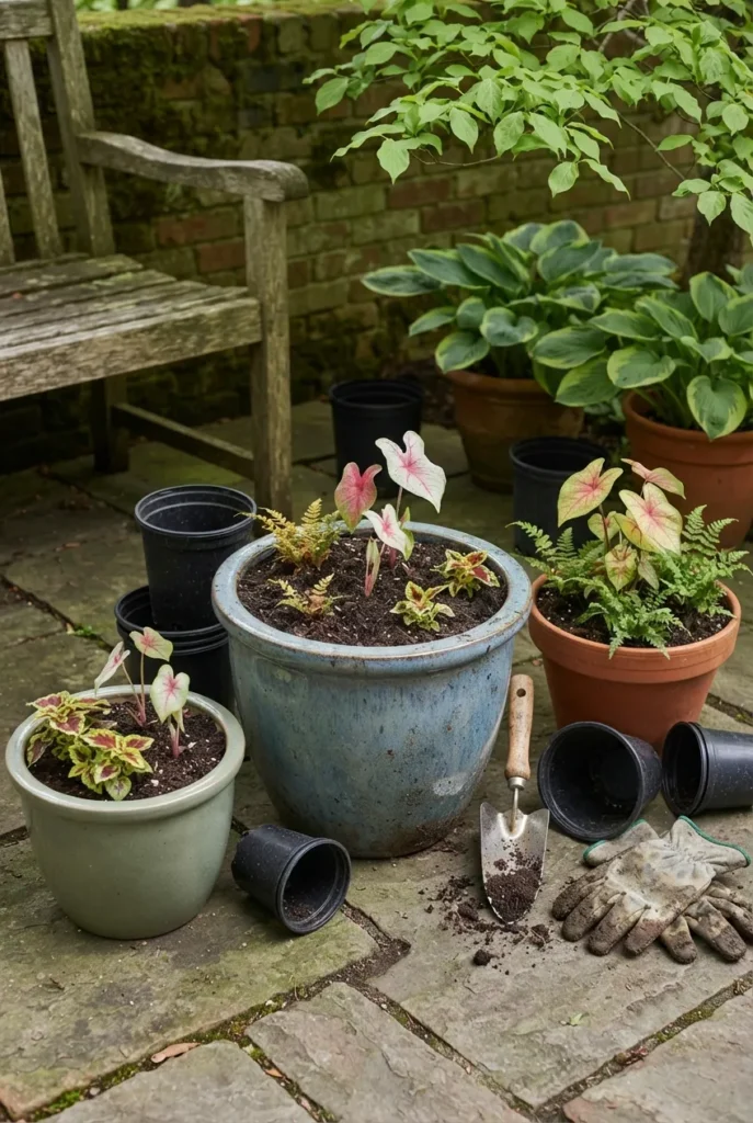 Planting a spring shade container garden with caladium and ferns
