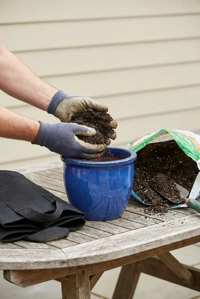 Filling a container with potting mix for a shade container garden