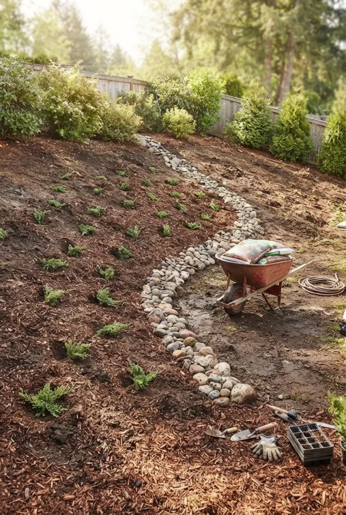 budget sloped backyard landscaping in progress with mulch and juniper plugs