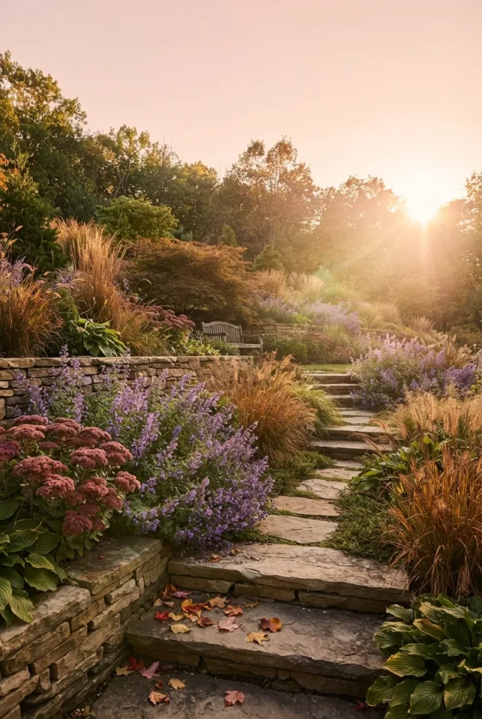 sloped backyard landscaping in fall with grasses and blooming perennials
