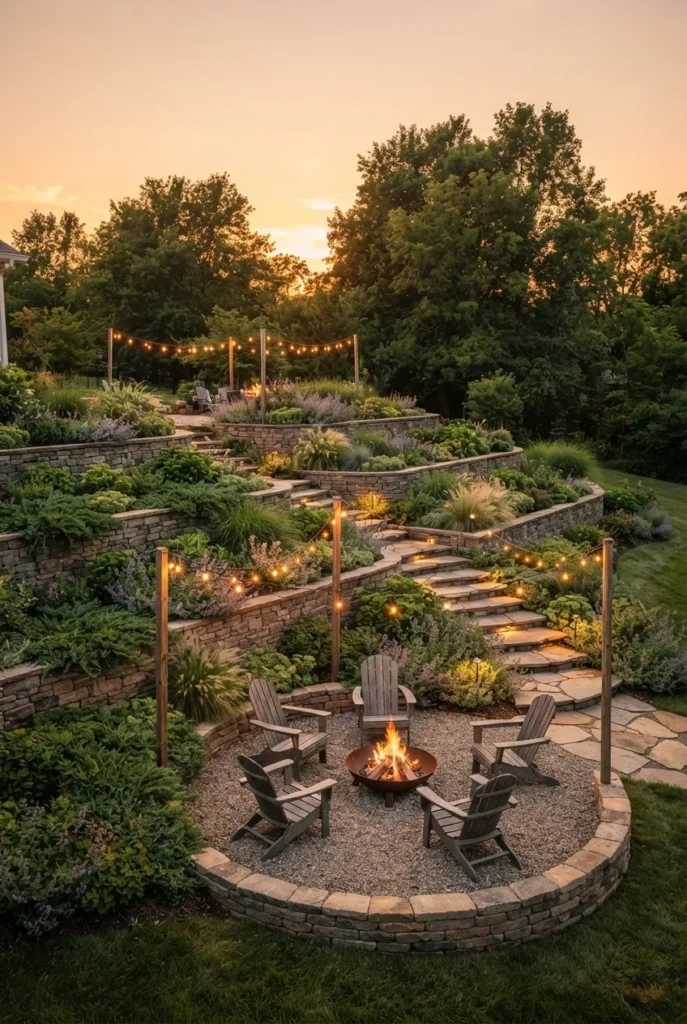 finished sloped backyard landscaping with terraces plants and firepit at sunset