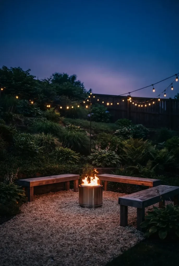 firepit seating nook in sloped backyard landscaping lit at dusk