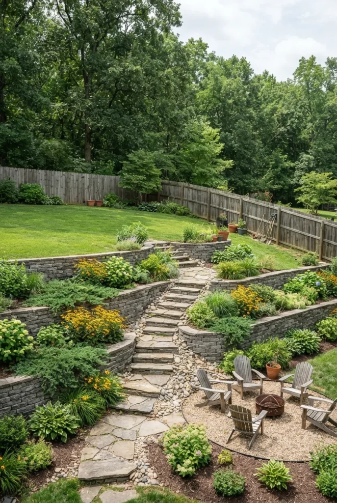 sloped backyard landscaping with tiered stone retaining walls and firepit