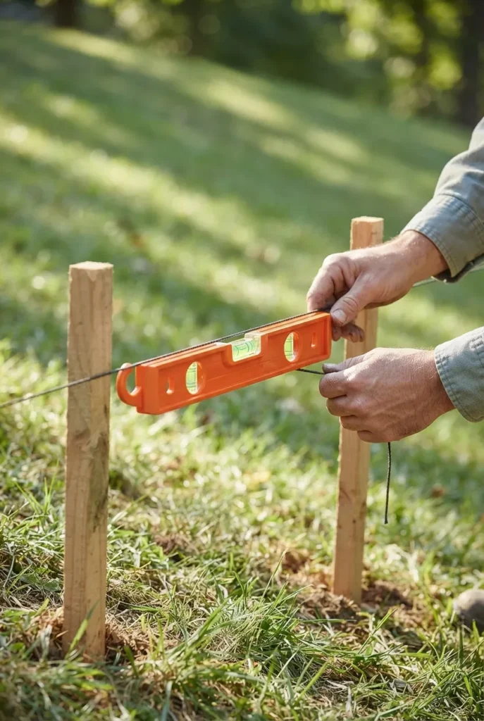 measuring sloped backyard grade with a string and line level before landscaping