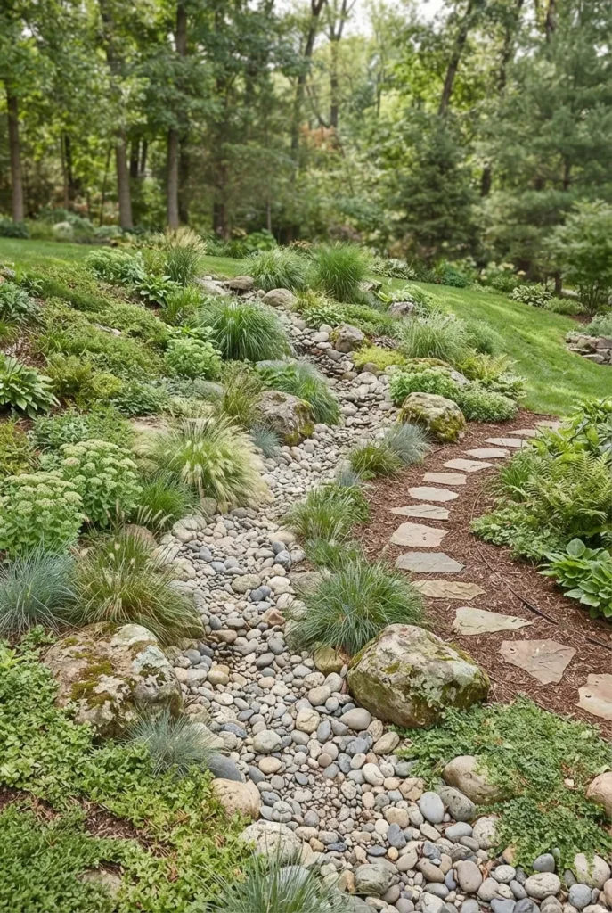 landscaping a steep slope without retaining walls using a dry creek bed and boulders