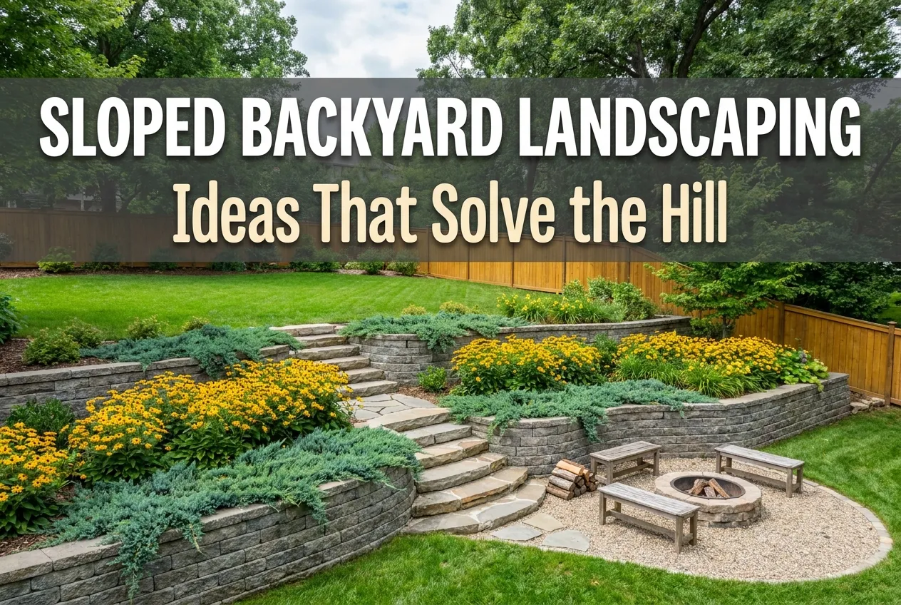sloped backyard landscaping ideas pin with tiered stone walls and firepit