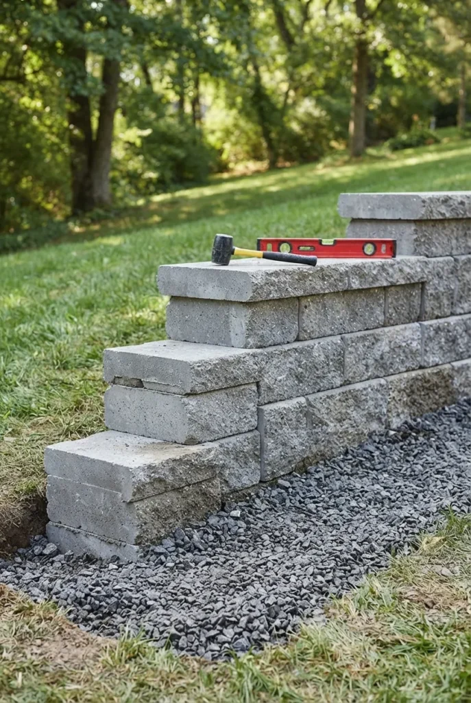 building a concrete block retaining wall for sloped backyard landscaping