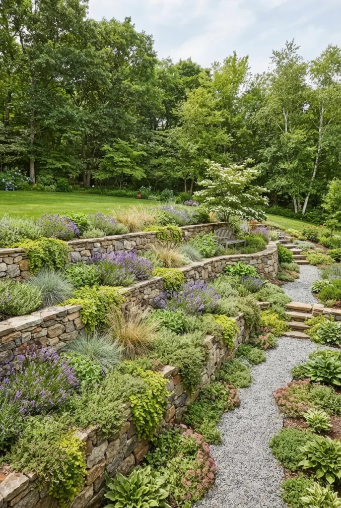 terraced sloped backyard landscaping with stone planting shelves and lavender