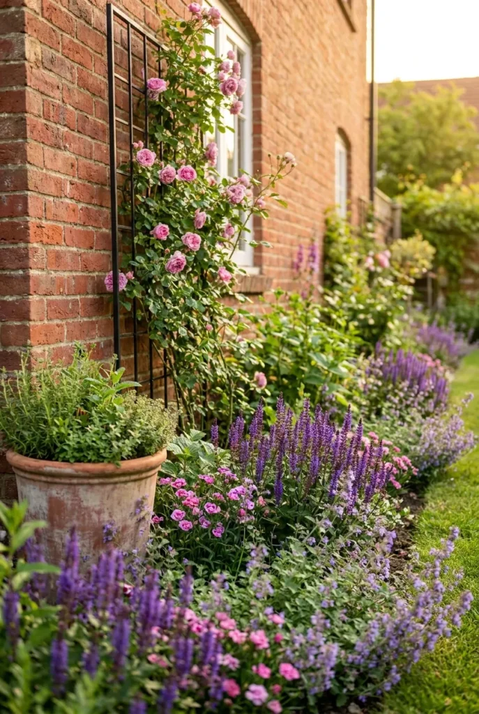 Small cottage garden border ideas in a narrow strip along a wall