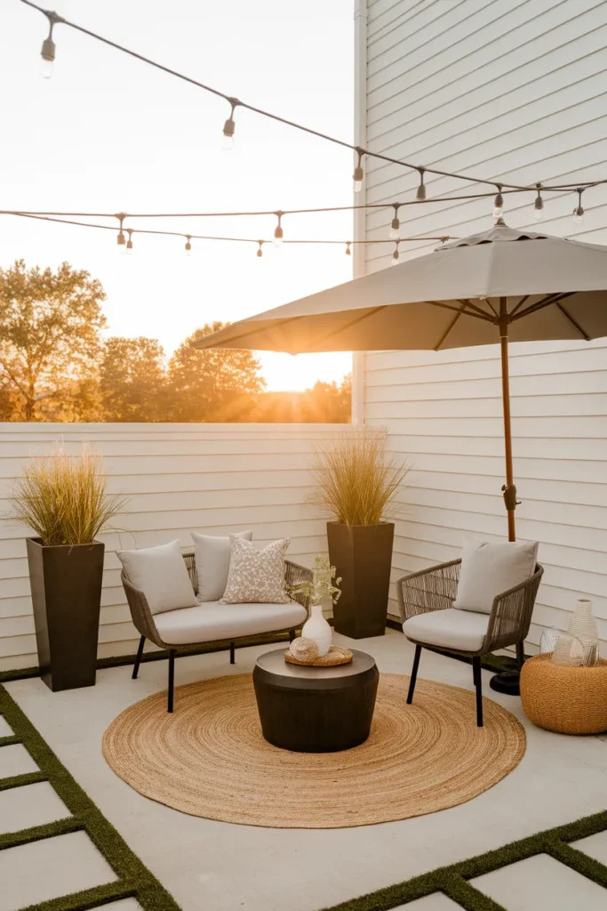 Finished small patio furniture layout at golden hour with rug and lighting