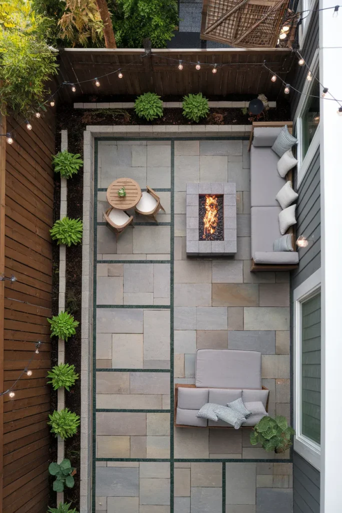 small stamped concrete patio layout split into dining and lounge zones