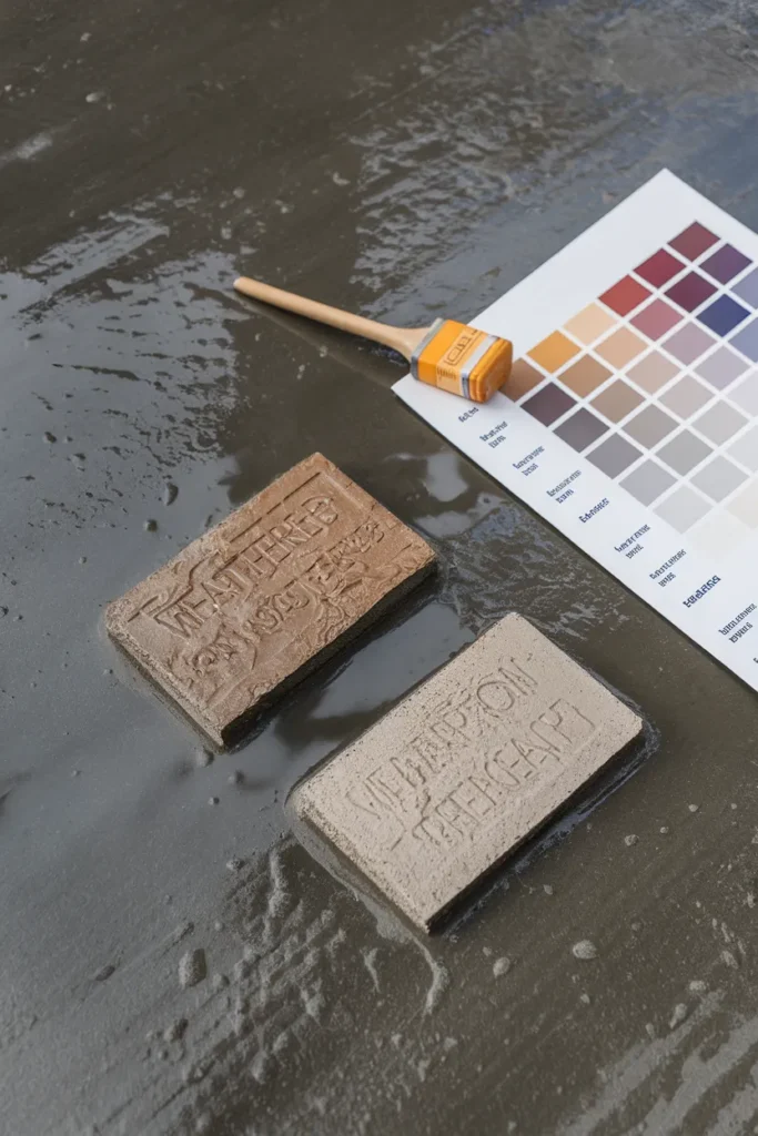 stamped concrete patio color samples in tan, gray, and buff release tones