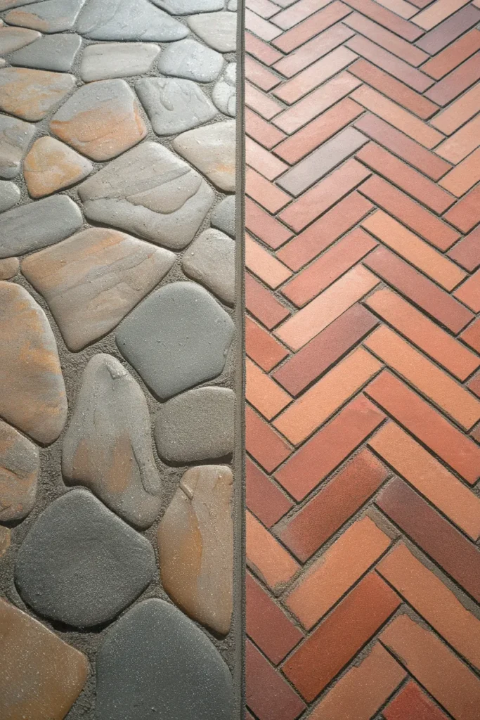 stamped concrete patio patterns comparison, flagstone next to herringbone brick