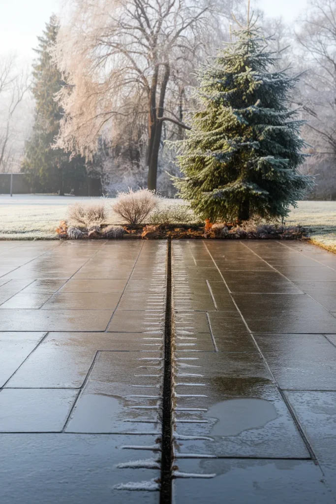 stamped concrete patio in frost showing drainage away from the house in winter