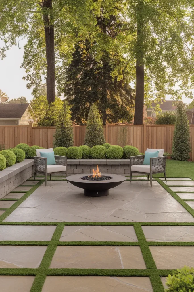 stamped concrete patio in taupe ashlar slate with a fire pit and cushioned chairs