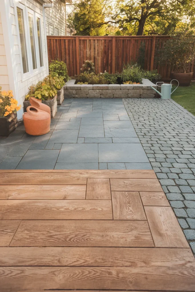 stamped concrete patio patterns including wood plank, ashlar slate, and cobblestone