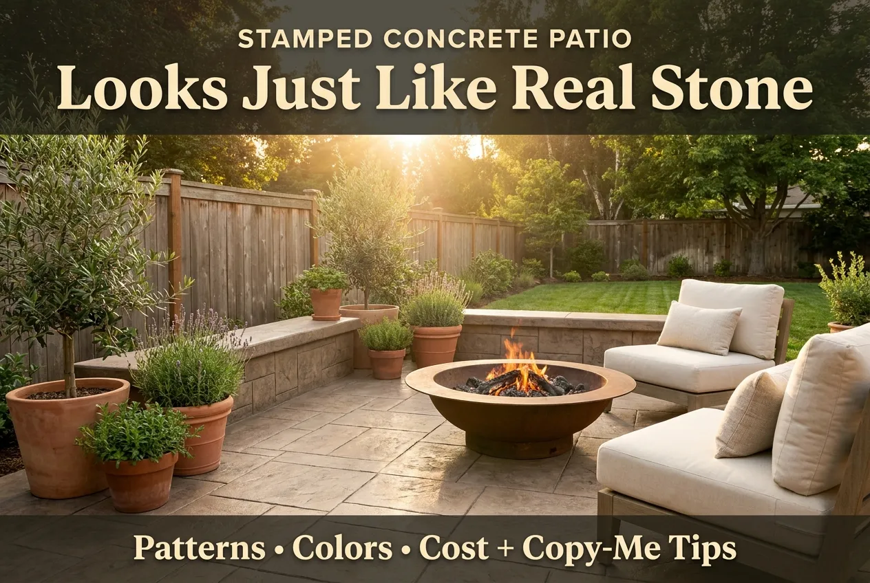 stamped concrete patio that looks like real stone with a fire pit at golden hour