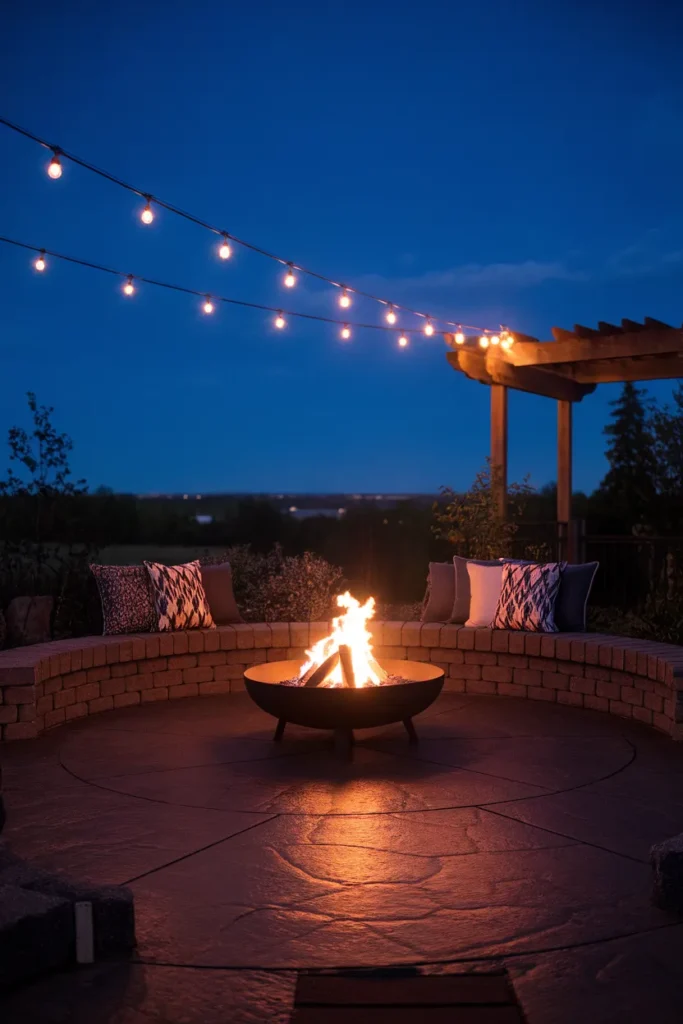 stamped concrete patio with fire pit and string lights glowing at dusk
