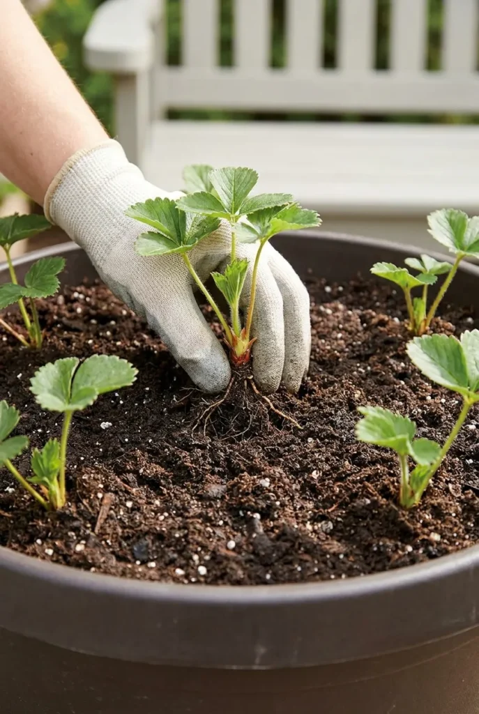 Planting a strawberry at the correct crown depth in a container garden